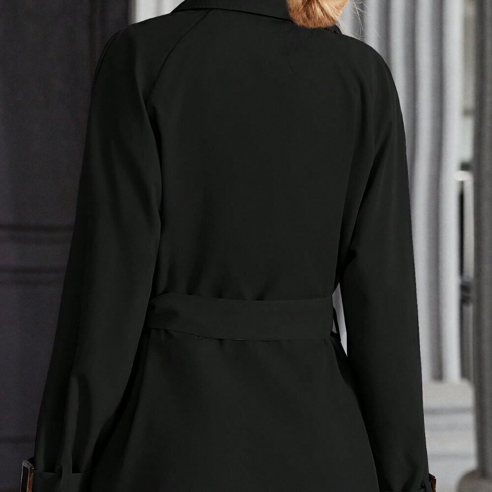 Black Casual Women's Raglan Sleeve Double Breasted Belted Trench Coat - Picture 2 of 4